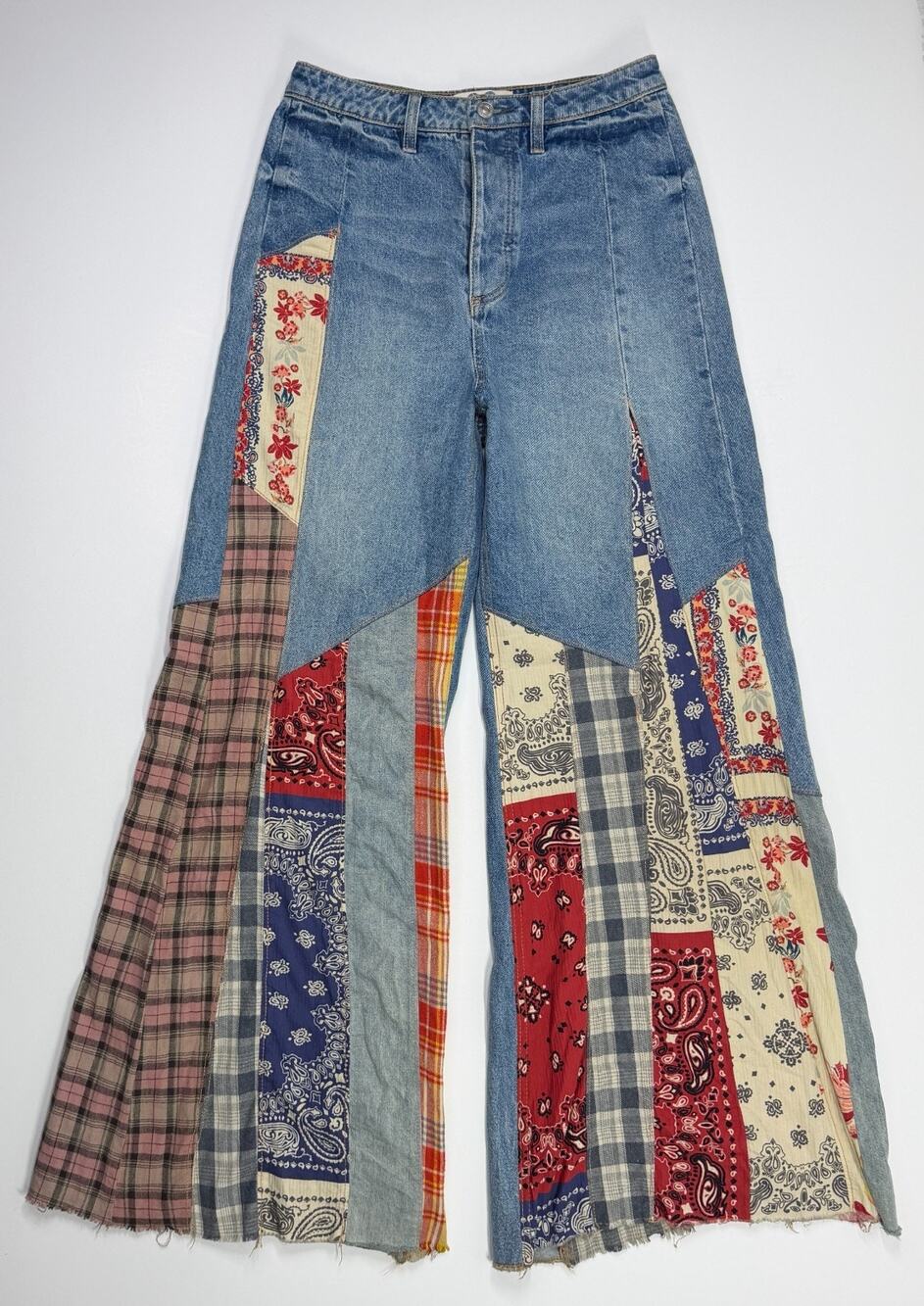 Free People Cortez Pierced Wide Leg Jean Bandana Patchwork Boho Size 28